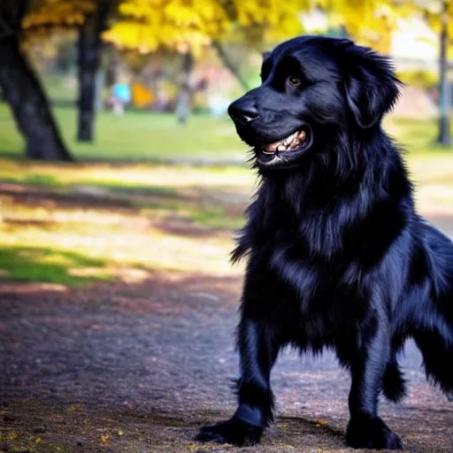 Draw colourful, masterpiece, A black golden retriever, playing, in a park, happy, high definition
