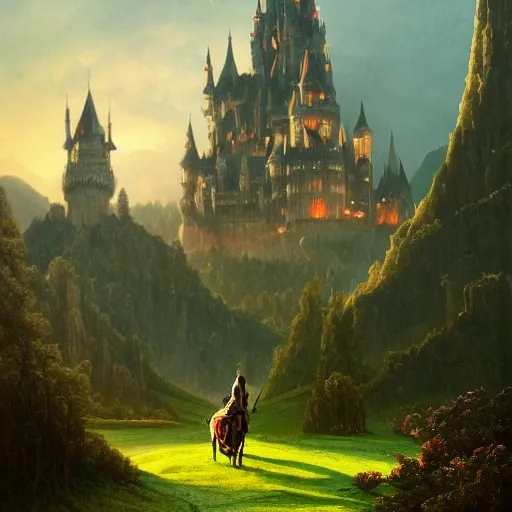 beautiful matte art of a big castle in a serene landscape, a knight riding a dragon, by albert bierstadt, green grass, highly detailed, crystal lighting, mystical, forest, hyperrealistic, 4 k, unreal engine, magical, by joe fenton, by greg rutkowski, by greg tocchini, by kaws, by kate beaton, by kaethe butcher 