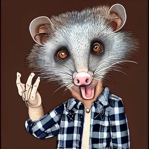 anthropomorphic opossum, earrings, curly long hair, plaid shirt, holds the glasses with his hand