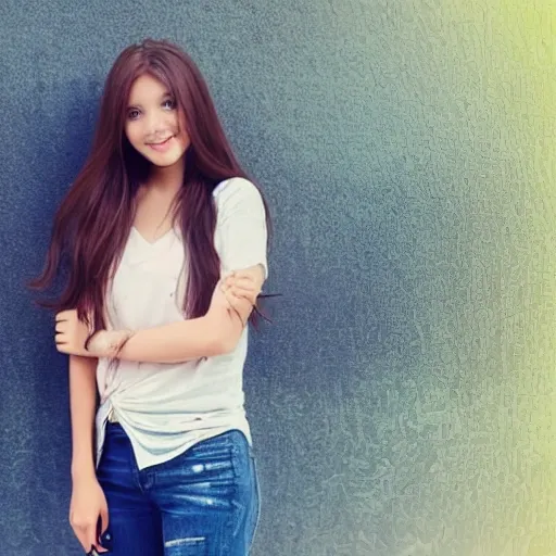 cute college girl, long brown hair, wearing casual clothes,, Water Color