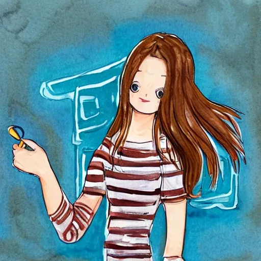 college girl, long brown hair, wearing casual clothes,, Water Color