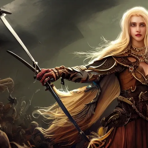 middle ages, realistic blonde queen killing a giant crab with a sword, realistic human, sun lit, colorful, birds eye view, realistic skin, realistic hair, realistic fabric, leather fabric, canvas fabric, wide shot, zoomed out, subsurface scattering, art by ruan jia , art by jc leyendecker, Fantasy art, realistic proportions, highly detailed, 4k, 8k, digital painting, artstation, concept art, smooth, sharp focus, photograph, wide angle lens
