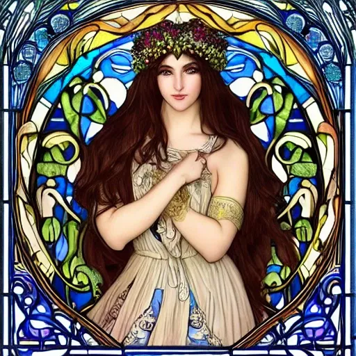 "perfect sweet Romanian woman with a flower crown on her head| art nouveau stained glass in background|centered| key visual| intricate| highly detailed| breathtaking beauty| precise lineart| hyper realism| comprehensive cinematic| fullbody shot| photorealistic| by Alfons Mucha| high detail| 8k highly detailed face| beautiful blue eyes|  extra long green robe| blonde long luxurious wavy hair| perfect face, 8k -h" -sampler"Euler a", 3D