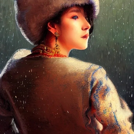 female siberian Russian concubine with slim curvy body, wearing a ushanka, at night, 1400s, painting by gaston bussiere, greg rutkowski, yoji shinkawa, yoshitaka amano, tsutomu nihei, donato giancola, tim hildebrandt, oil on canvas, {full body shot:from behind shot:looking over shoulder}, traditional russian clothing, trending on artstation, featured on pixiv, cinematic composition, extreme detail, metahuman creator, (best quality:1.4), ((masterpiece)), ((realistic)), (detailed), portrait_of_exotic_girls, seductive_smile, (((sexy))), godrays, dust in the air