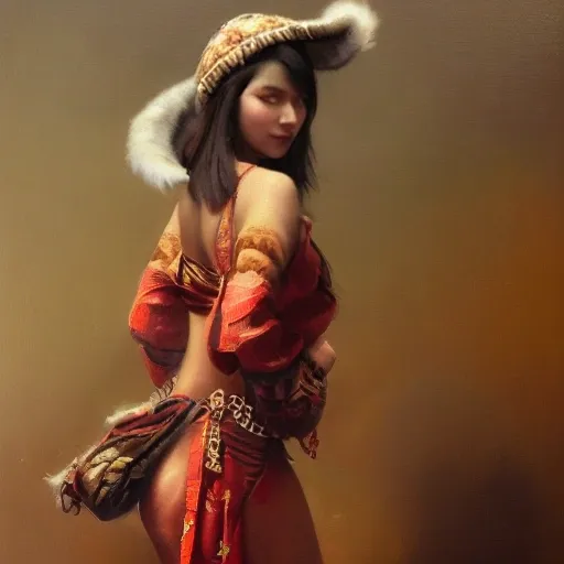 female siberian Russian concubine with slim curvy body, wearing a ushanka, at night, 1400s, painting by gaston bussiere, greg rutkowski, yoji shinkawa, yoshitaka amano, tsutomu nihei, donato giancola, tim hildebrandt, oil on canvas, {full body shot:from behind shot:looking over shoulder}, traditional russian clothing, trending on artstation, featured on pixiv, cinematic composition, extreme detail, metahuman creator, (best quality:1.4), ((masterpiece)), ((realistic)), (detailed), portrait_of_exotic_girls, seductive_smile, (((sexy))), godrays, dust in the air, Oil Painting