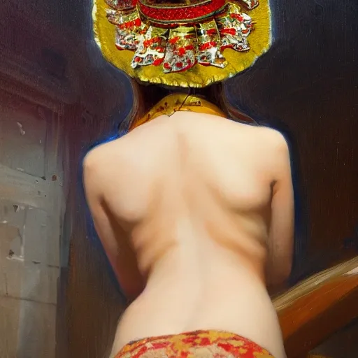 female siberian Russian concubine with slim curvy body, wearing a ushanka, at night, 1400s, painting by gaston bussiere, greg rutkowski, yoji shinkawa, yoshitaka amano, tsutomu nihei, donato giancola, tim hildebrandt, oil on canvas, full body shot:from behind shot:looking over shoulder, traditional russian clothing, trending on artstation, featured on pixiv, cinematic composition, extreme detail, metahuman creator, (best quality:1.4), ((masterpiece)), ((realistic)), (detailed), portrait_of_exotic_girls, seductive_smile, (((sexy))), godrays, dust in the air