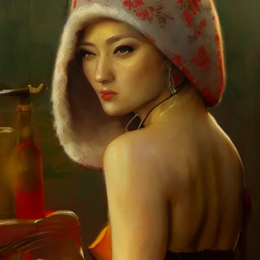 female siberian Russian concubine with slim curvy body, wearing a ushanka, at night, 1400s, painting by gaston bussiere, greg rutkowski, yoji shinkawa, yoshitaka amano, tsutomu nihei, donato giancola, tim hildebrandt, oil on canvas, full body shot:from behind shot:looking over shoulder, traditional russian clothing, trending on artstation, featured on pixiv, cinematic composition, extreme detail, metahuman creator, (best quality:1.4), ((masterpiece)), ((realistic)), (detailed), portrait_of_exotic_girls, seductive_smile, (((sexy))), godrays, dust in the air