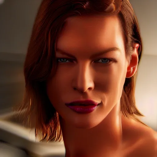 RAW photo, milla jovovich 20 years old, parfectbody, applying body oil, smile,  (very detailed eyes, nice wide eyes), large ass, cut out cleavage, sweaty skin, (angelic face), (photorealistic:1.8), detailed skin, (high detailed skin:1.2), 8k uhd, dslr, soft lighting, high quality, (highly detailed), (lens flare:0.5), (bloom:0.5), raytracing, specular lighting, 35mm masterpiece, Unreal Engine, hyperrealistic, dramatic, expansive