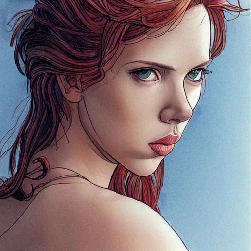 Draw, Milo Manara style, scarlett johansson, parfectbody, full-body, White wet dress, (very detailed eyes, nice wide eyes), large ass, cut out cleavage, (angelic face), soft lighting, high quality, (highly detailed), (bloom:0.5), raytracing, specular lighting, masterpiece,  expansive,