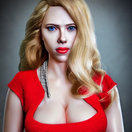 ultra realistic photo portrait of rusian blond bauty woman clound dressed full-body and happy, front view atack, full-body, best quality, detailed, masterpiece, ultra high res, top quality, red, use scarlett johansson face