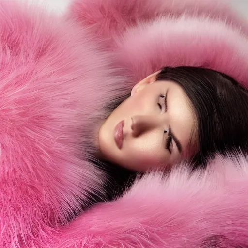 best quality, masterpiece, ultra high res, photorealistic, detailed skin, pink fur coat, lounging.