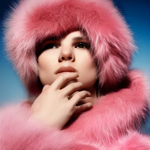 best quality, masterpiece, ultra high res, photorealistic, detailed skin, pink fur coat, lounging.