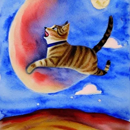 a cat flying on the moon, Water Color, Oil Painting