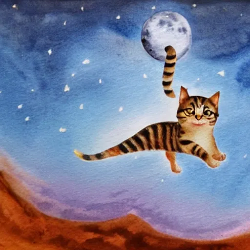 a cat flying on the moon, Water Color, Oil Painting