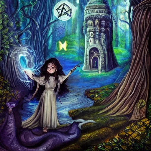 1girl, adventurer spell caster dnd character, Ethereal, willowy, raven-haired, piercing blue eyes, porcelain skin, delicate features, silver pentacle necklace, Enchanted staff, spell book bound in dragonhide, potion satchel, silver-plated athame, enchanted crystal orb, Misty forest, ancient ruins, mystical glade, towering castle, moonlit path, enchanted garden, dark cave, forbidden tower, mystical portal, ancient tomb., Oil Painting, Oil Painting, Oil Painting, Oil Painting, Trippy