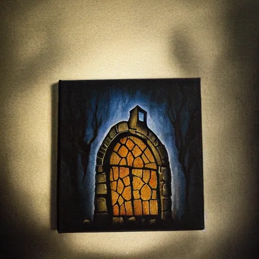 spell tome on a pedastal, dark, eerie, wet, cave, dungeon, Oil Painting