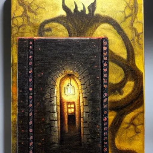 spell book on a pedastal, dark, eerie, wet, cave, dungeon, Oil Painting