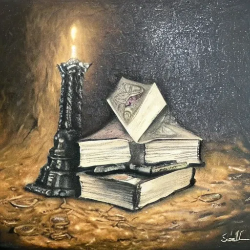 spell book on a pedastal, dark, eerie, wet, cave, dungeon, Oil Painting