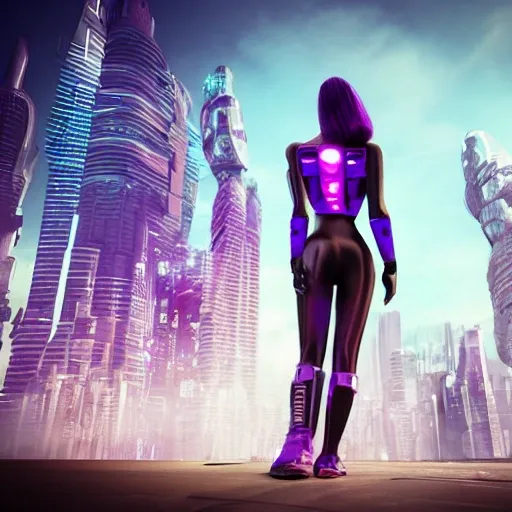 futuristic city background, BREAK
a cose up of a beautiful girl, in a cyberpunk suit, metal right arm,  purple short hair, purple eyes, angry, from back, (ass focus), Cartoon, Cartoon, Trippyfuturistic city background, BREAK
a cose up of a beautiful girl, in a cyberpunk suit, metal right arm,  purple short hair, purple eyes, angry, from back, (ass focus)