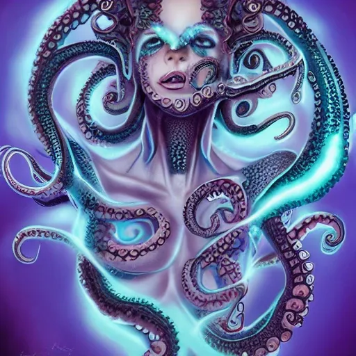 Beautiful seductive Animorph woman with octopus tentacles as horns with dark blue scales opalescent skin and large glowing eyes , Trippy, hi-def, detailed, fantasy, cyber