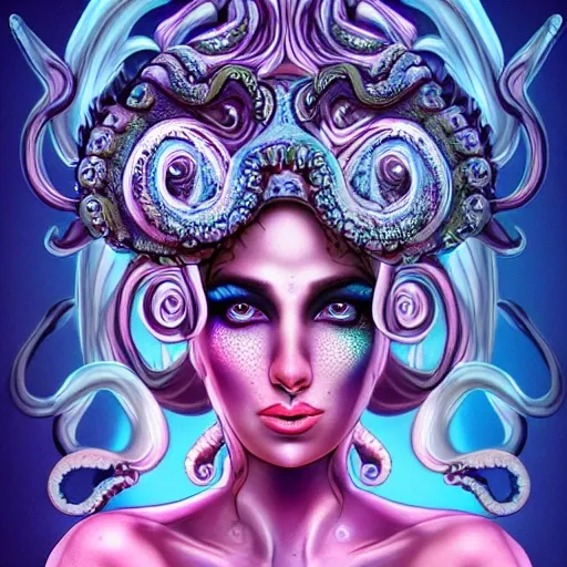 Beautiful seductive Animorph woman with octopus tentacles as horns with dark blue scales opalescent skin and large glowing eyes, symmetrical facial features, Native American princess , Trippy, hi-def, detailed, fantasy, cyber,3D, vapor wave