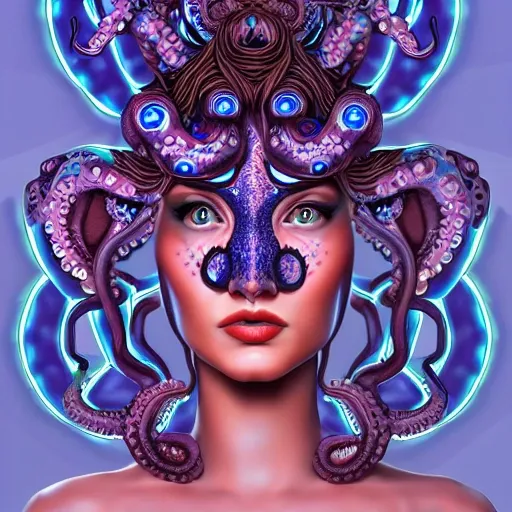 Beautiful seductive Animorph woman with octopus tentacles as horns with dark blue scales opalescent skin and large glowing eyes, symmetrical facial features, Native American princess , Trippy, hi-def, detailed, fantasy, cyber,3D, vapor wave