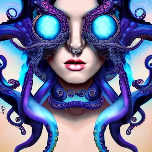 Beautiful seductive Animorph woman with octopus tentacles as horns with dark blue scales opalescent skin and large glowing eyes, symmetrical facial features, Native American princess , Trippy, hi-def, detailed, fantasy, cyber,3D, vapor wave