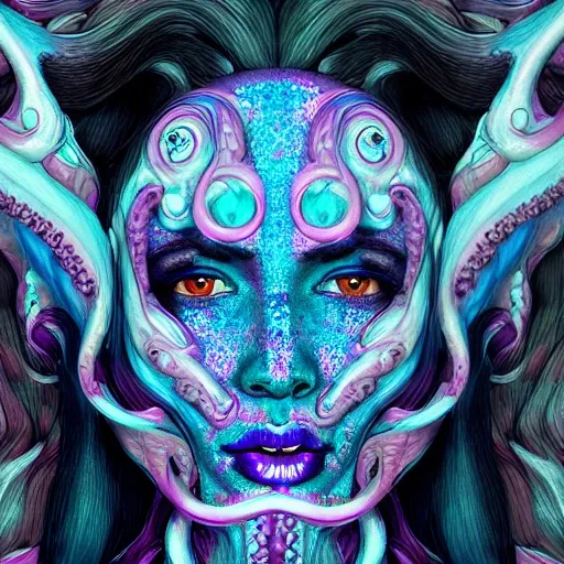 Beautiful seductive Animorph woman with octopus tentacles as horns with dark blue scales opalescent skin and large glowing eyes, symmetrical facial features, Native American gothic , Trippy, hi-def, detailed, fantasy, cyber,3D, vapor wave