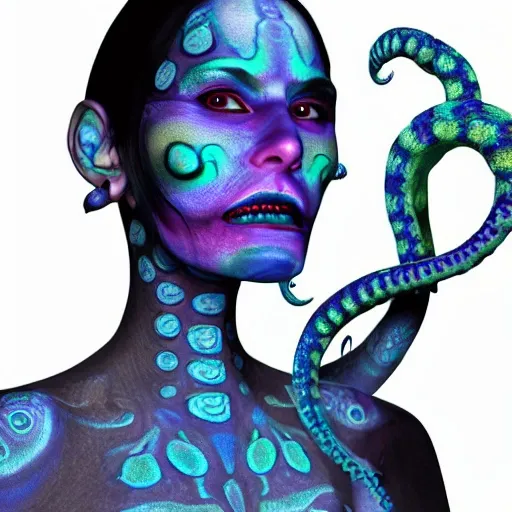 Beautiful seductive Animorph woman with octopus tentacle horns and a long snaketongue with dark blue scales opalescent skin and large glowing eyes, symmetrical facial features, Native American gothic , Trippy, hi-def, detaile, cyber,3D, vapor wave