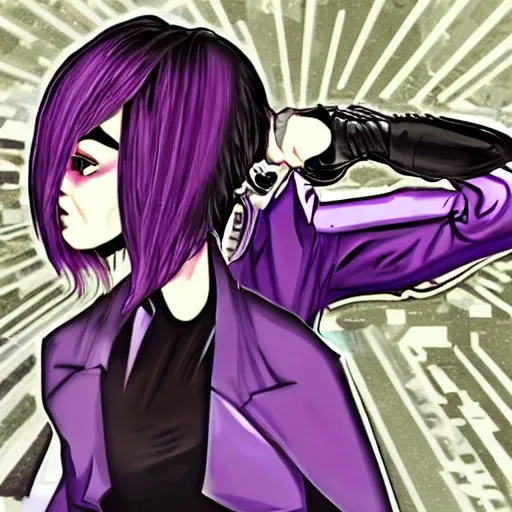futuristic city background, BREAK
a cose up of a beautiful girl, in a cyberpunk suit, metal right arm,  purple short hair, purple eyes, angry, from back, (ass focus), Trippy, Cartoon, 3D, Pencil Sketch, Water Color, Oil Paintingfuturistic city background, BREAK
a cose up of a beautiful girl, in a cyberpunk suit, metal right arm,  purple short hair, purple eyes, angry, from back, (ass focus)