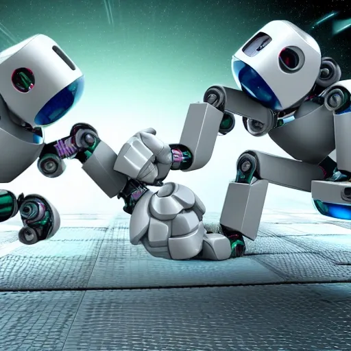 two robots fighting hard together , 3D or Trippy