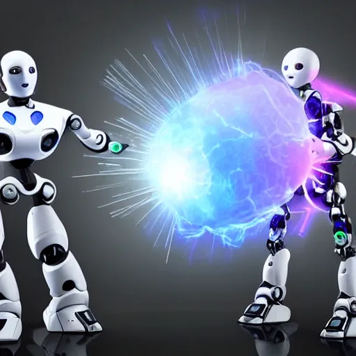 two artificial intelligence robots fighting hard together ,3D