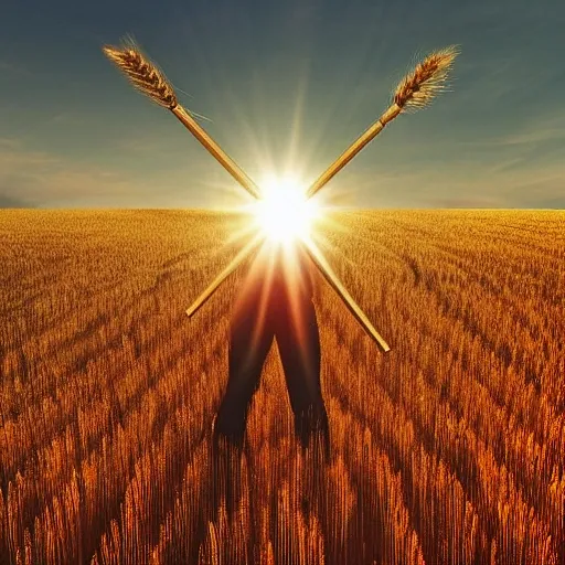 The person in the wheat field is standing under the sunlight, facing the sun. In their left hand, they hold a sickle, while in their right hand, they hold a hammer. Both hands are crossed and placed above their head