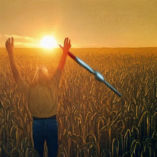 The person in the wheat field is standing under the sunlight, facing the sun. In their left hand, they hold a sickle, while in their right hand, they hold a hammer. Both hands are crossed and placed above their head