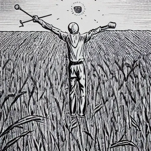 The person in the wheat field is standing under the sunlight, facing the sun. In their left hand, they hold a sickle, while in their right hand, they hold a hammer. Both hands are crossed and placed above their head