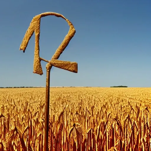 The person in the wheat field is standing under the sunlight, facing the sun. In their left hand, they hold a sickle, while in their right hand, they hold a hammer. Both hands are crossed and placed above their head