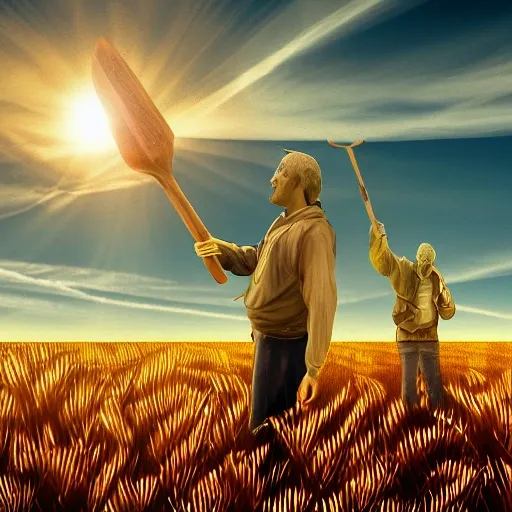 The person in the wheat field is standing under the sunlight, facing the sun. In their left hand, they hold a sickle, while in their right hand, they hold a hammer. Both hands are crossed and placed above their head