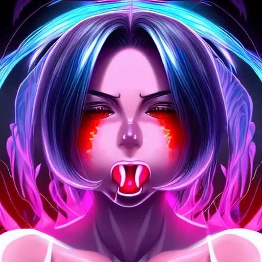 Hentai Gemini celestial babe who is half reptilian with glowing red eyes seductive face and is looking up with her tongue out, trippy, high definition,symmetrical face 8k high resolution, vapor wave, cyber 