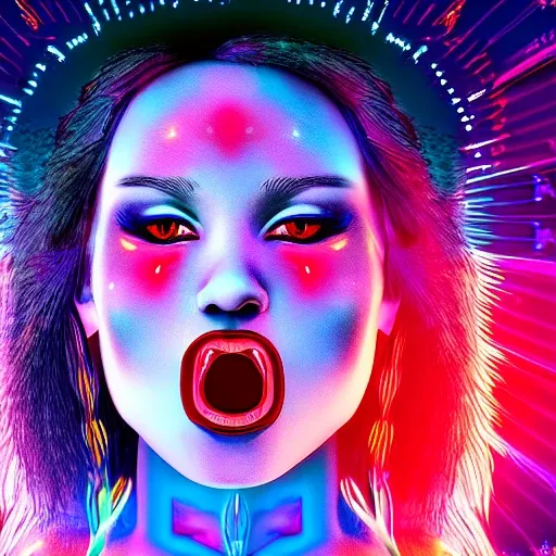 Angelic Native American celestial babe who is half reptilian with glowing red eyes seductive face and is looking up with her tongue out, trippy, high definition,symmetrical face 8k high resolution, vapor wave, cyber 