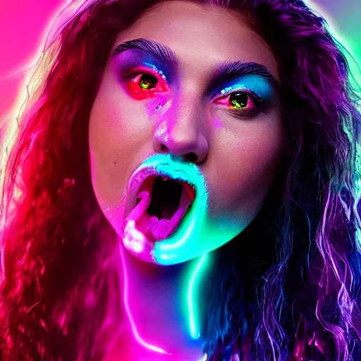 Angelic cute fun sweet  Native American celestial babe who is half reptilian with glowing red eyes seductive face and is looking up with her tongue out, trippy, high definition,symmetrical face 8k high resolution, vapor wave, cyber 