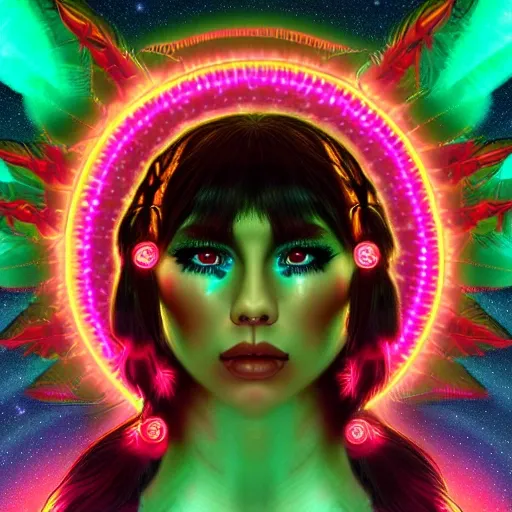 Angelic cute fun sweet  Native American celestial babe who is half reptilian with glowing red eyes seductive, trippy, high definition,symmetrical face 8k high resolution, vapor wave, cyber 