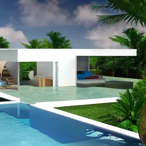 a modern tropical beach villa with pool and sunken conversation pit, 3D