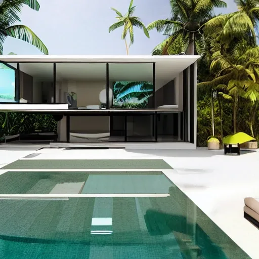 a modern balinese tropical beach villa with pool and sunken conversation pit, white limestone paint, rounded black steel frame with glass doors and rounded brown teakwood, 3D