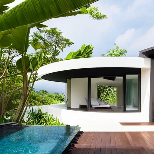 a modern balinese tropical beach villa with pool, white limestone paint, rounded black steel frame with glass doors and rounded brown teakwood, 3D