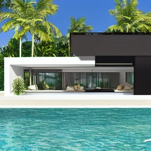 a modern tropical mediterranean beach villa with pool in bali, white limestone paint, rounded black steel frame with glass doors and rounded brown teakwood, 3D