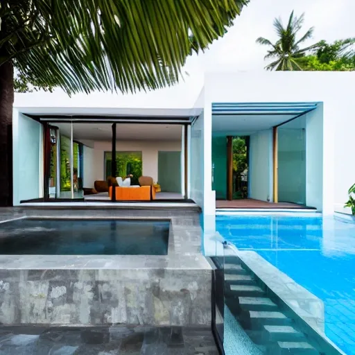 a modern tropical mediterranean beach villa with pool in bali, white limestone paint, rounded black steel frame with glass doors and rounded brown teakwood door, 3D