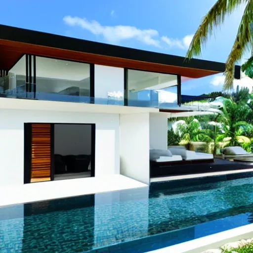 a modern tropical mediterranean beach villa with pool in bali, white limestone paint, rounded black steel frame with glass doors and rounded brown teakwood door, 3D