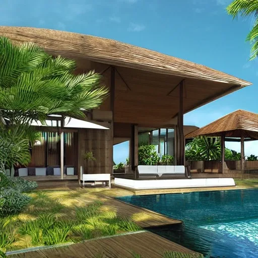 realistic high definition rendering of a bali beach villa designed by bill bensley
