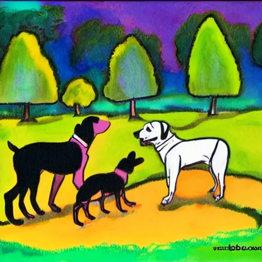 Cartoon, atardecer, 3 perros, colores calidos, en el bosque