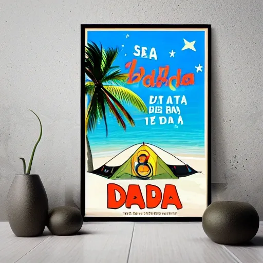 Hi-definition poster anounyng a party named "Camping Tortuga",   sea tourtles, the text "Feliz día del padre y HBD Laurita", birthday baloons, relax at the beach